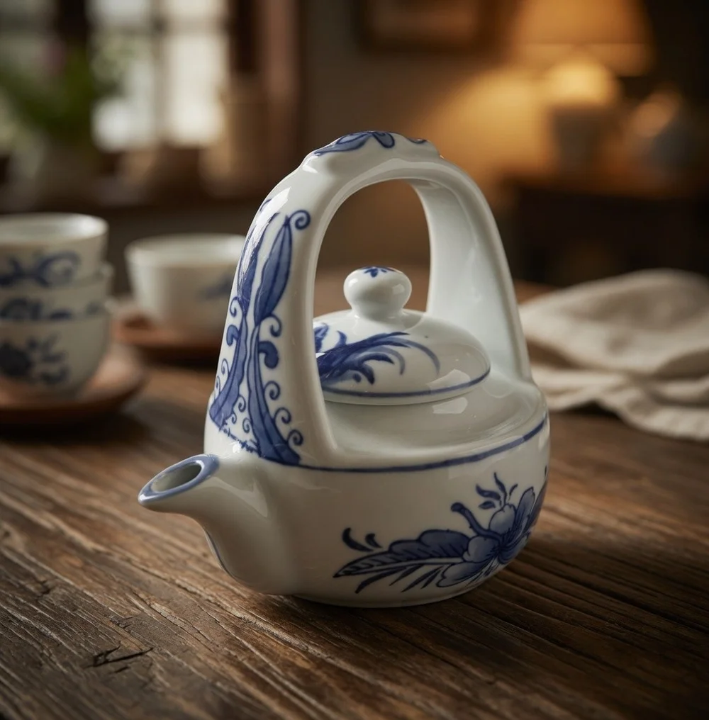 Chinoiserie Style Small Ceramic Teapot - Blue and White Hand Painted Floral